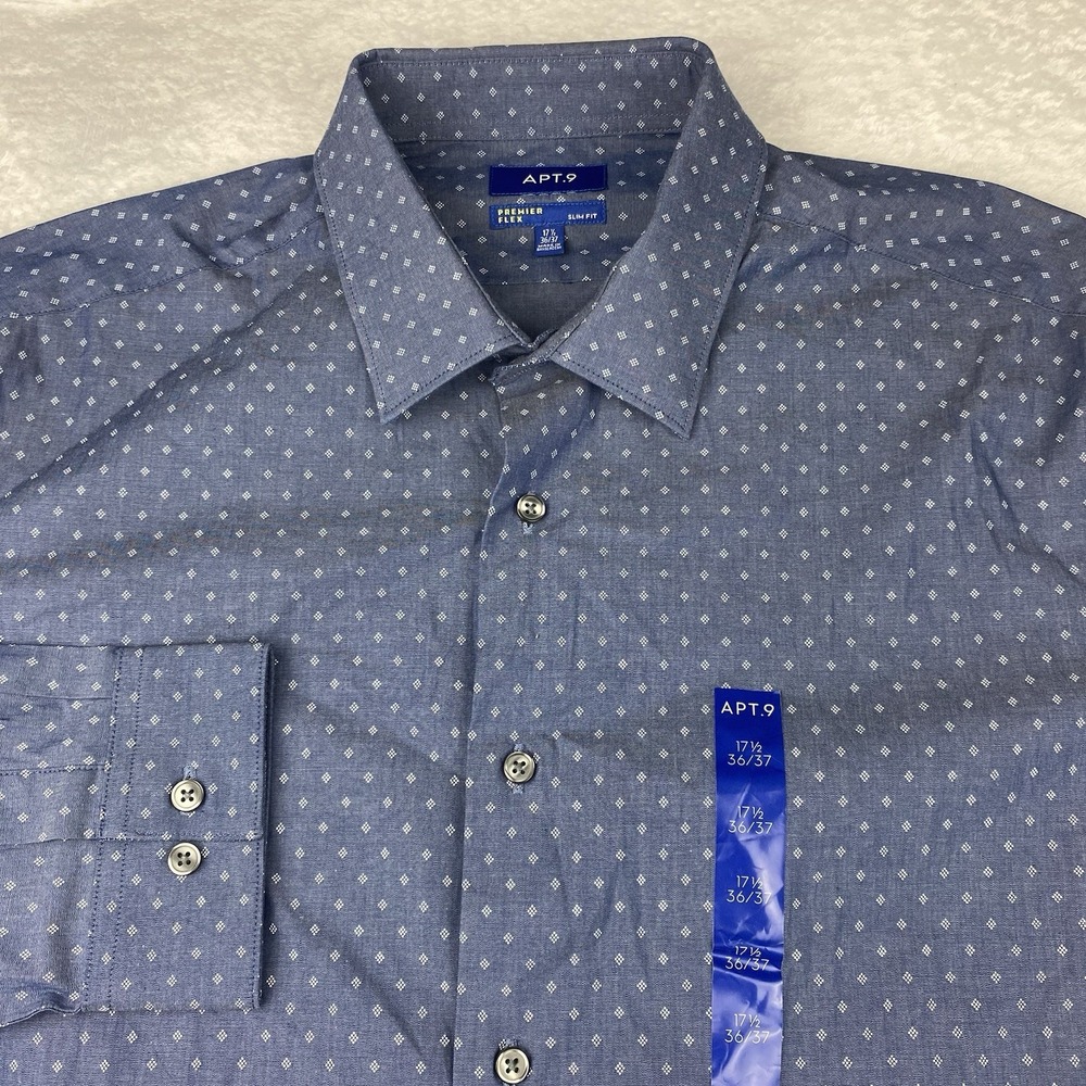 APT. 9 Premier Flex Dress Shirt Mens 17.5-36/37 Blue Diamond Slim Fit NWT!
